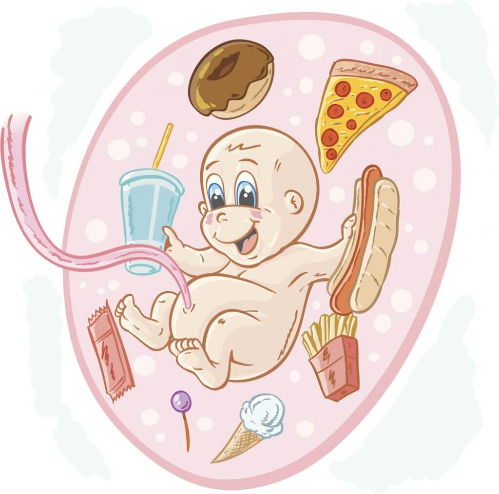 Baby i livmoderen på gravid, der svømmer i og spiser sukker og junk food
